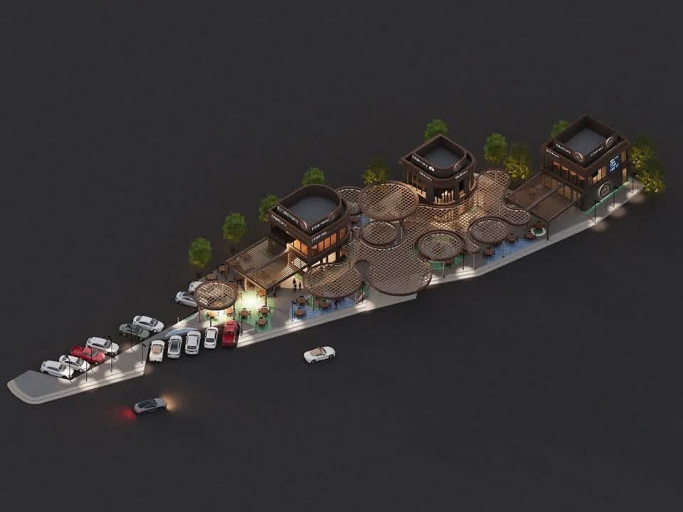 Isometric masterplan of three pavilions linked by pergolas