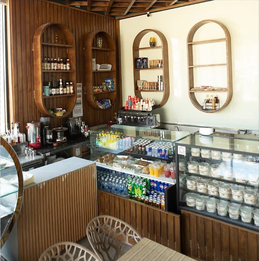 Oval timber display shelves and pastry counters