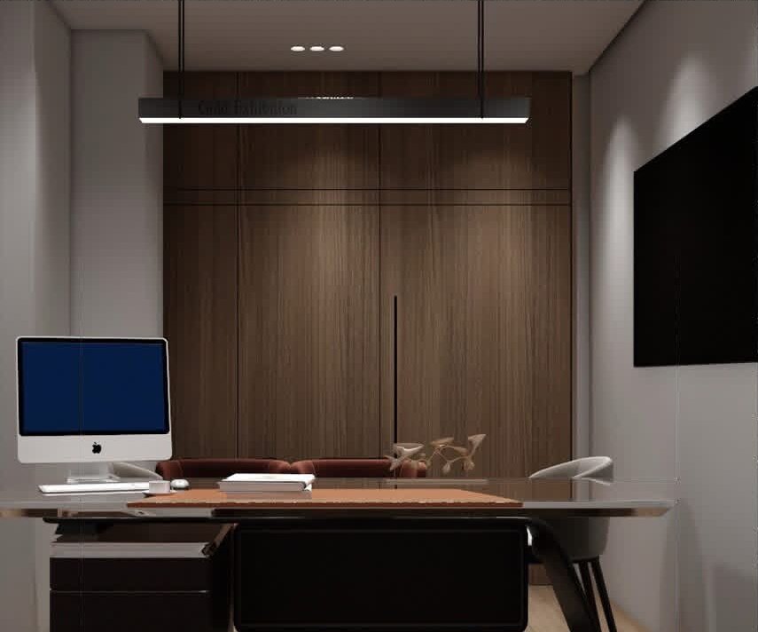 Manager office with walnut wall joinery and linear pendant